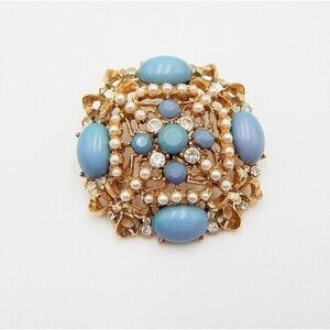 Gold Tone Brooch Blue Cabochon Faceted Stones Pearls Crystal Rhinestone Filigree